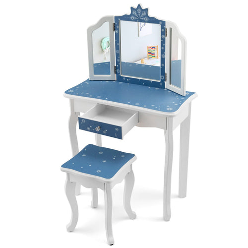 Princess Vanity Table and Chair Set with Tri-Folding Mirror and Snowflake Print, Blue