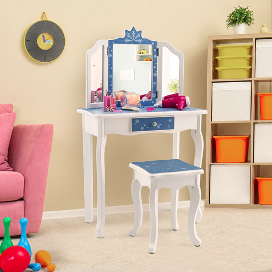 Princess Vanity Table and Chair Set with Tri-Folding Mirror and Snowflake Print, Blue Kids Vanities Blue at Gallery Canada