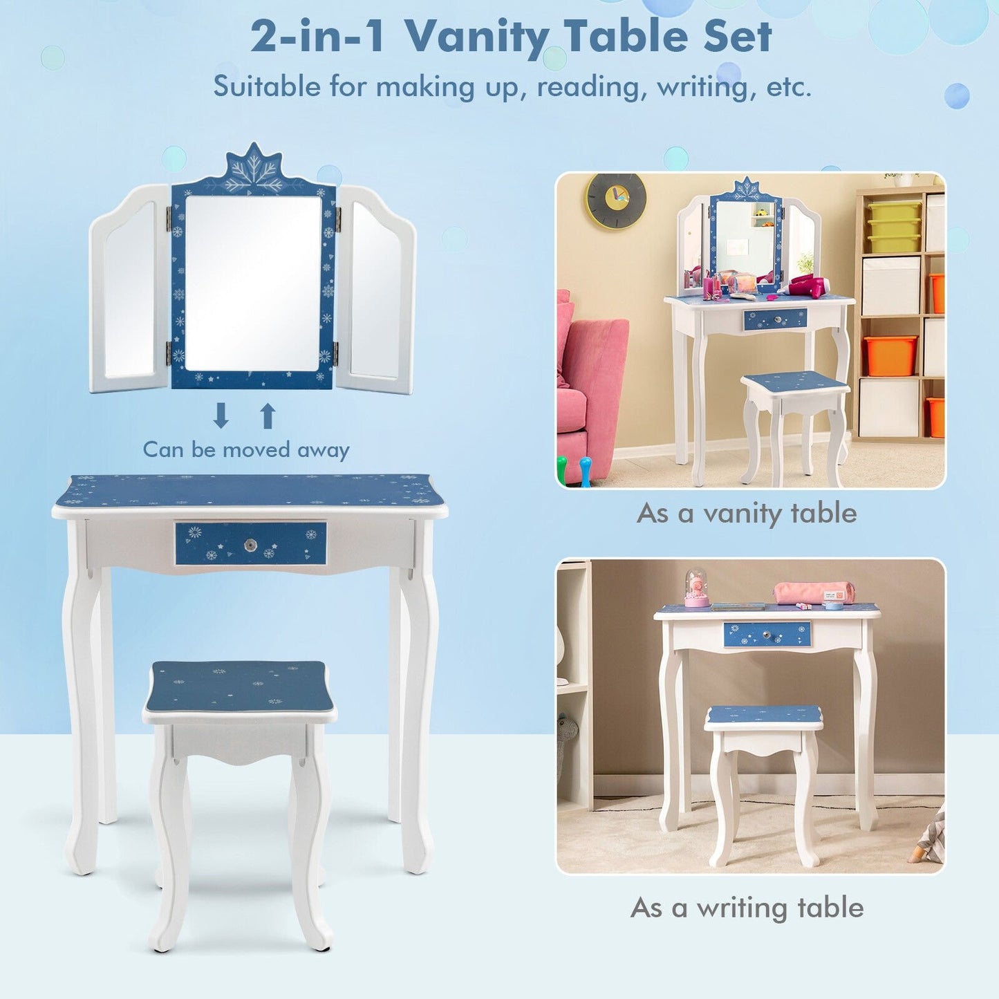 Princess Vanity Table and Chair Set with Tri-Folding Mirror and Snowflake Print, Blue
