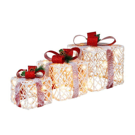 Set of 3 Christmas Lighted Gift Boxes Decorations with Red Bowknots, Red & White