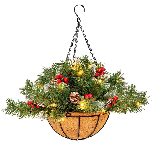 Pre-Lit Artificial Christmas Hanging Basket with Pine Cones, Green