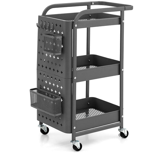 3-Tier Utility Storage Cart with DIY Pegboard Baskets, Gray