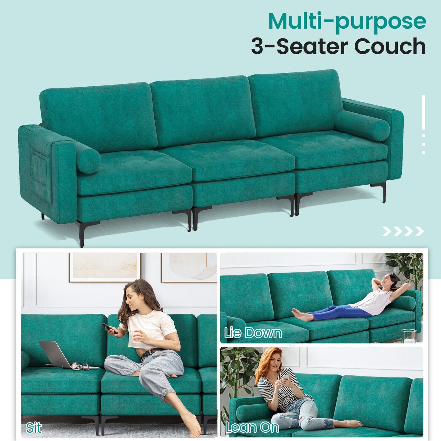 3-Seat Sofa Sectional with Side Storage Pocket and Metal Leg-3-Seat, Teal Sofas & Loveseats at Gallery Canada