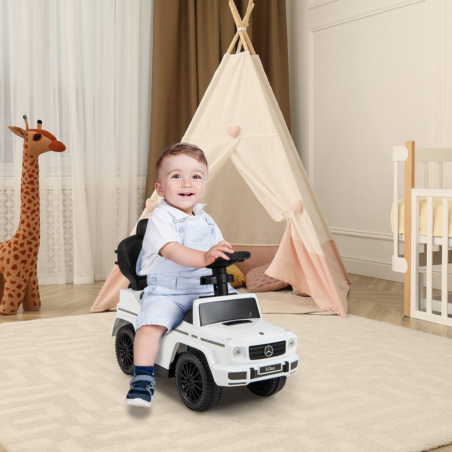 3-In-1 Ride on Push Car Mercedes Benz G350 Stroller Sliding Car with Canopy, White