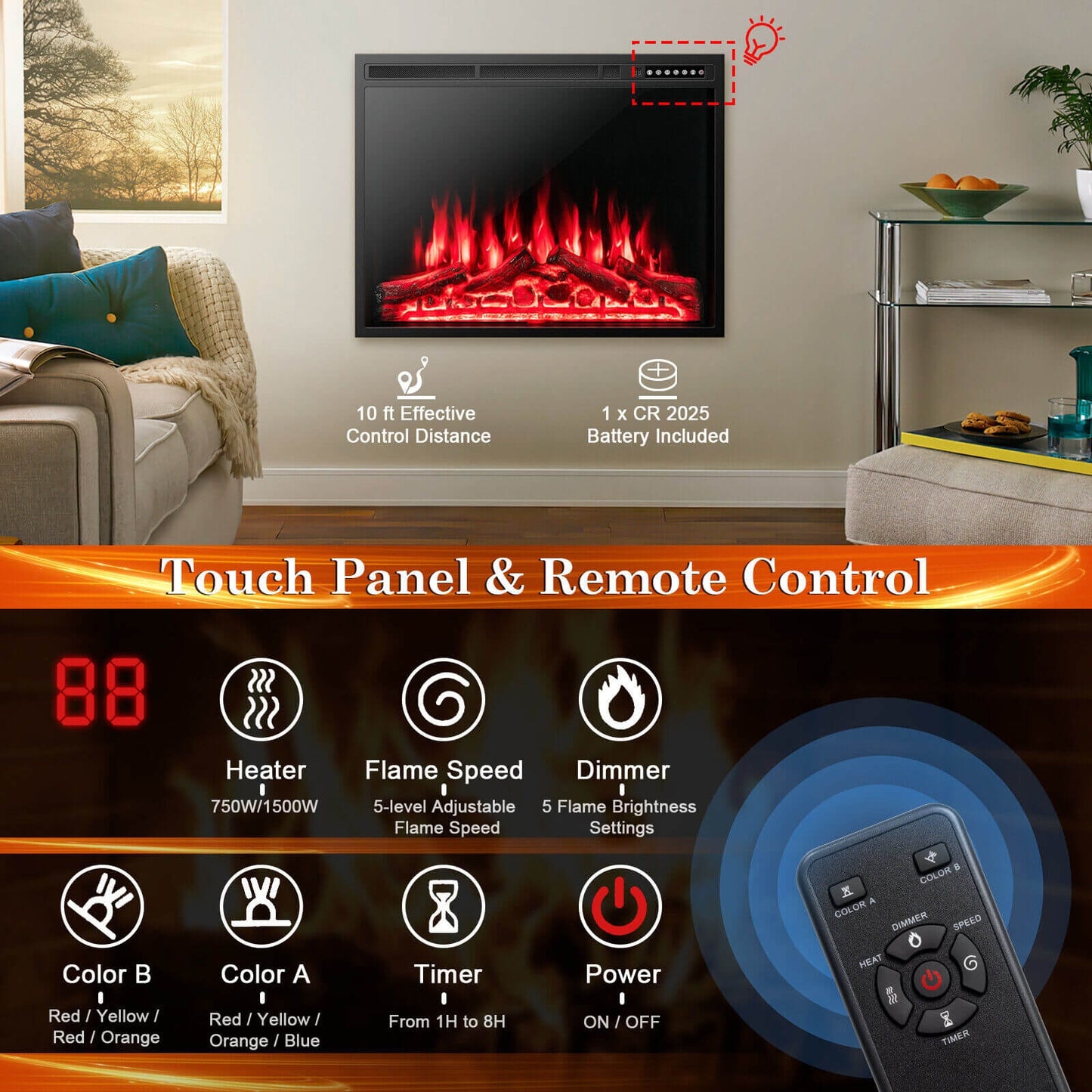 34/37 Inch Electric Fireplace, Recessed, Adjustable Flames, Black Fireplaces at Gallery Canada