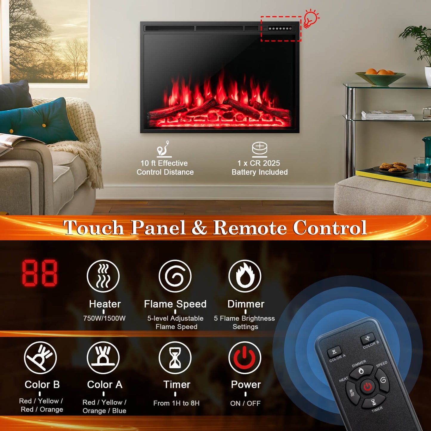 34/37 Inch Electric Fireplace, Adjustable Flames, Black Fireplaces at Gallery Canada