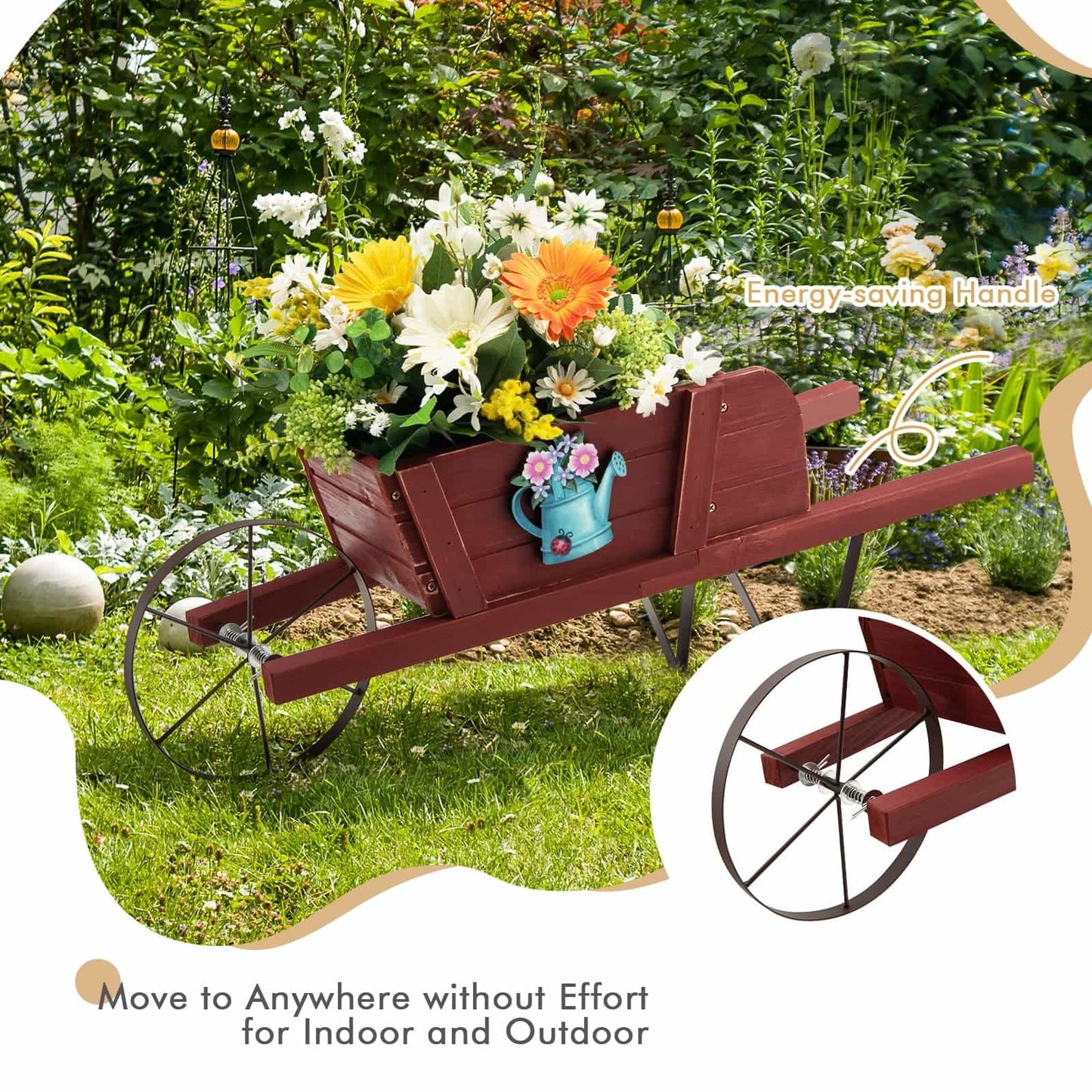 Wooden Wagon Planter with 9 Magnetic Accessories for Garden Yard, Red Plant Stands at Gallery Canada