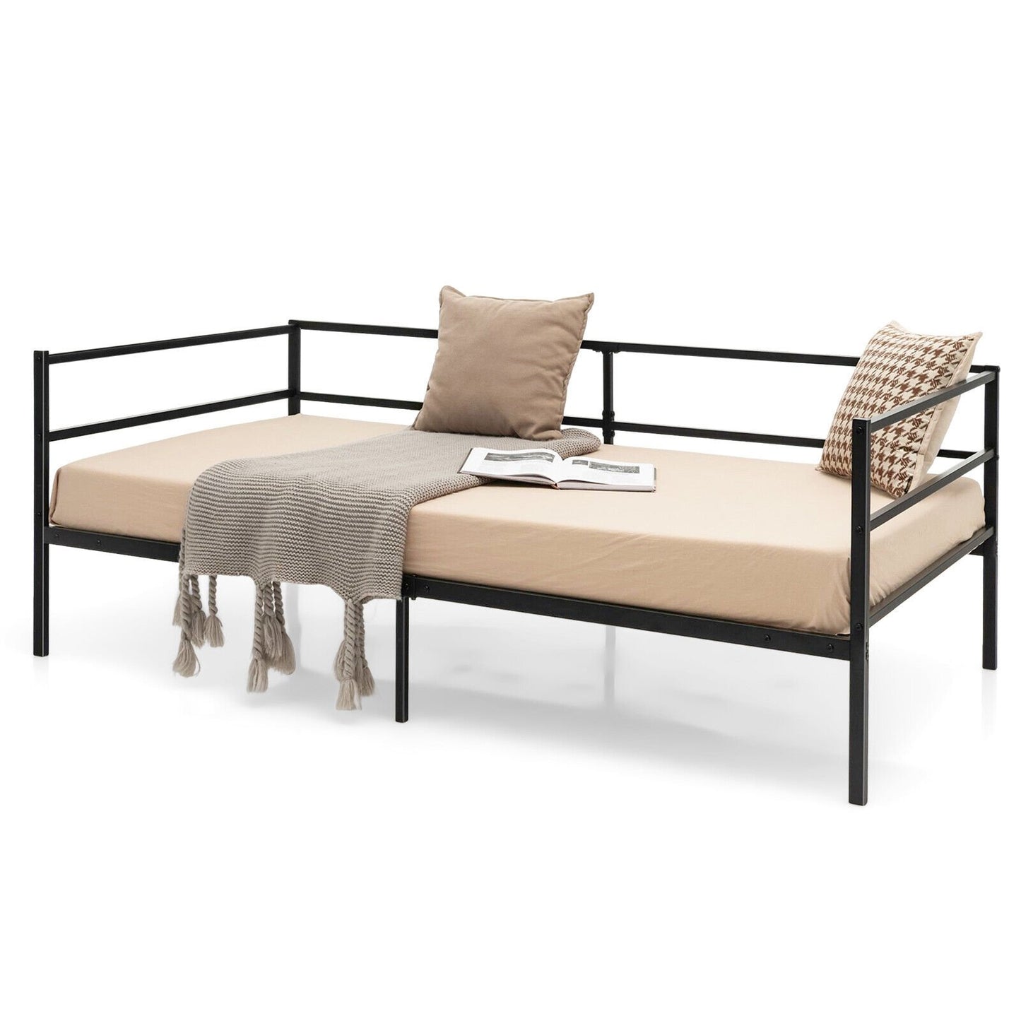 Twin Size Metal Daybed Frame with Metal Slat Support and 3-Sided Guardrails, Black
