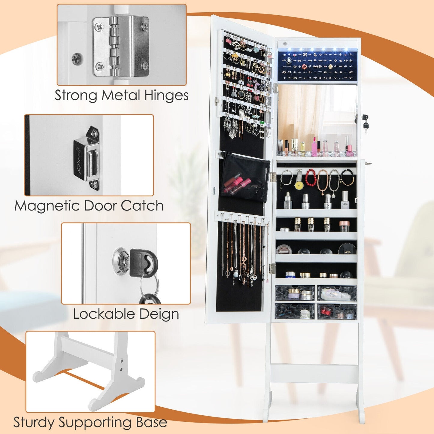 Free Standing Full Length Jewelry Armoire with Lights, White Jewelry Armoires at Gallery Canada