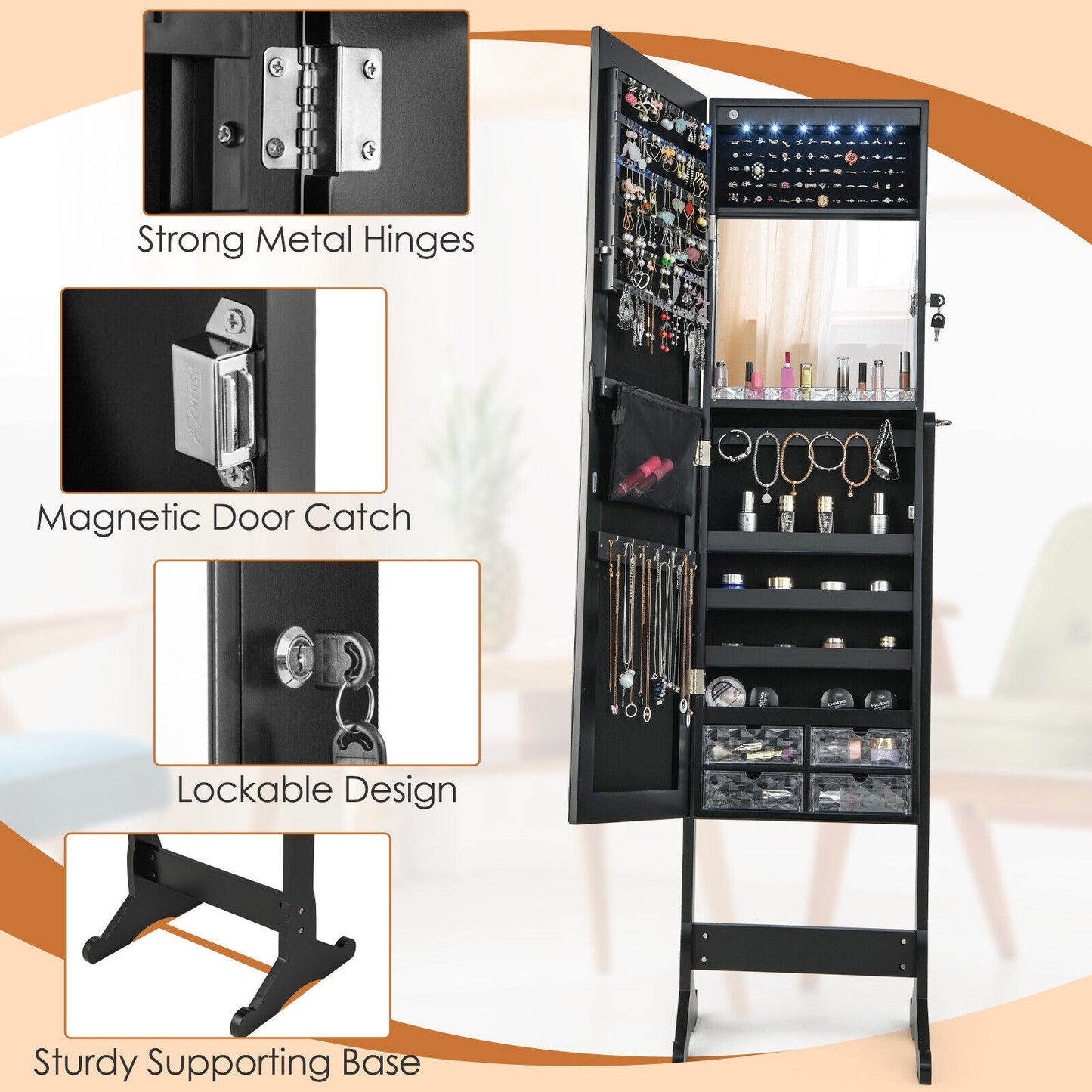 Free Standing Full Length Jewelry Armoire with Lights in Black, Black Jewelry Armoires at Gallery Canada