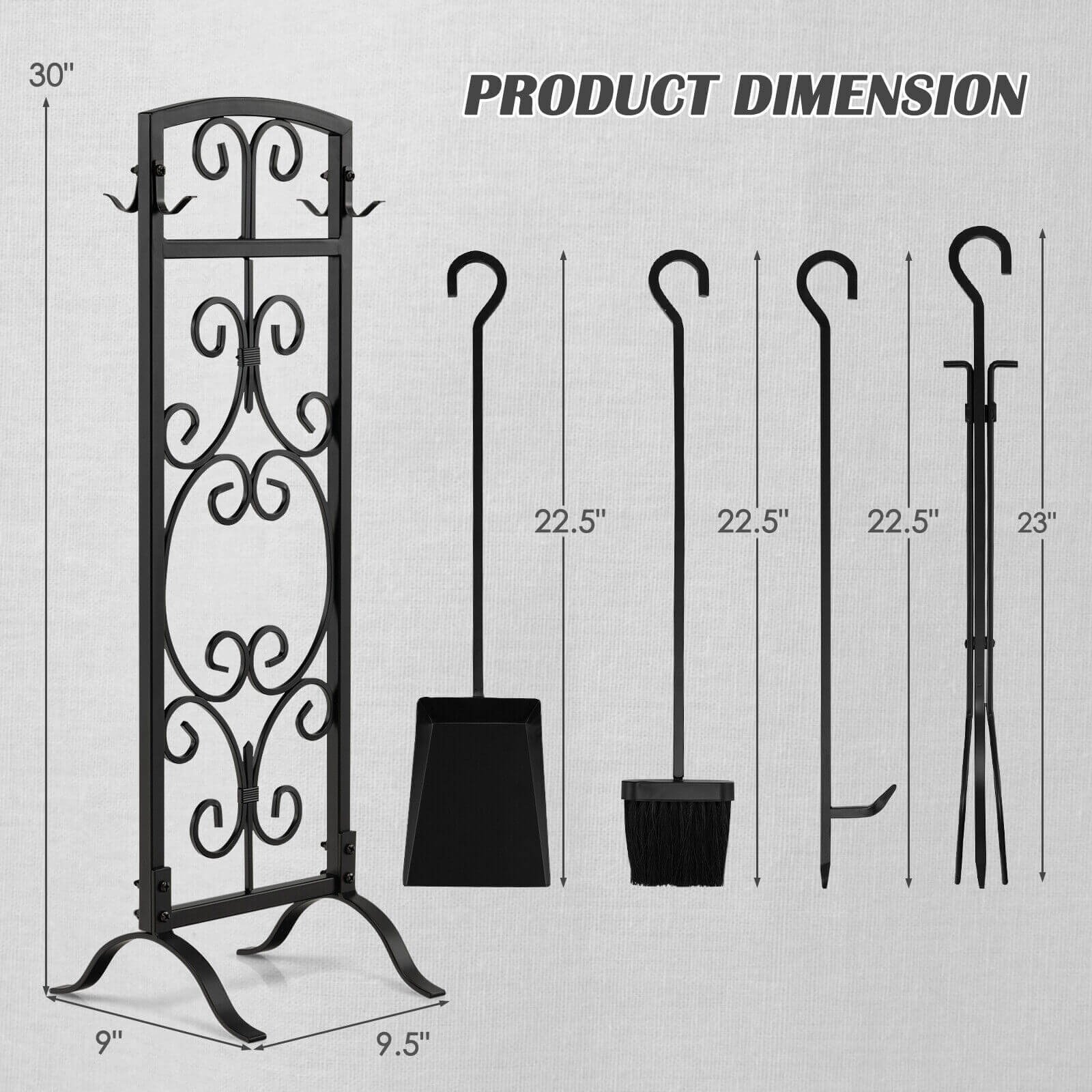5 Piece Wrought Iron Fireplace Tools with Decor Holder, Black at Gallery Canada
