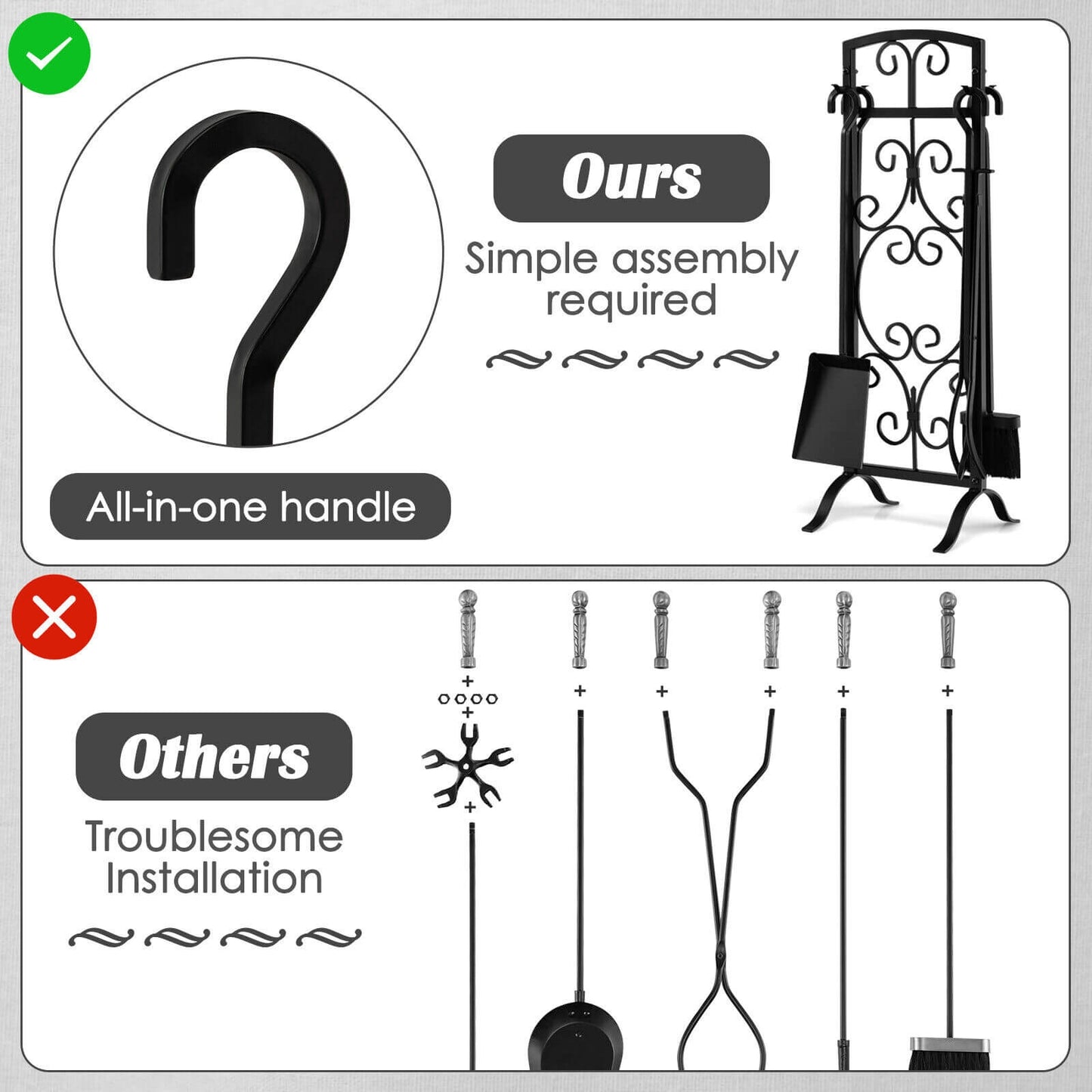 5 Piece Wrought Iron Fireplace Tools with Decor Holder, Black Fireplace Tools at Gallery Canada