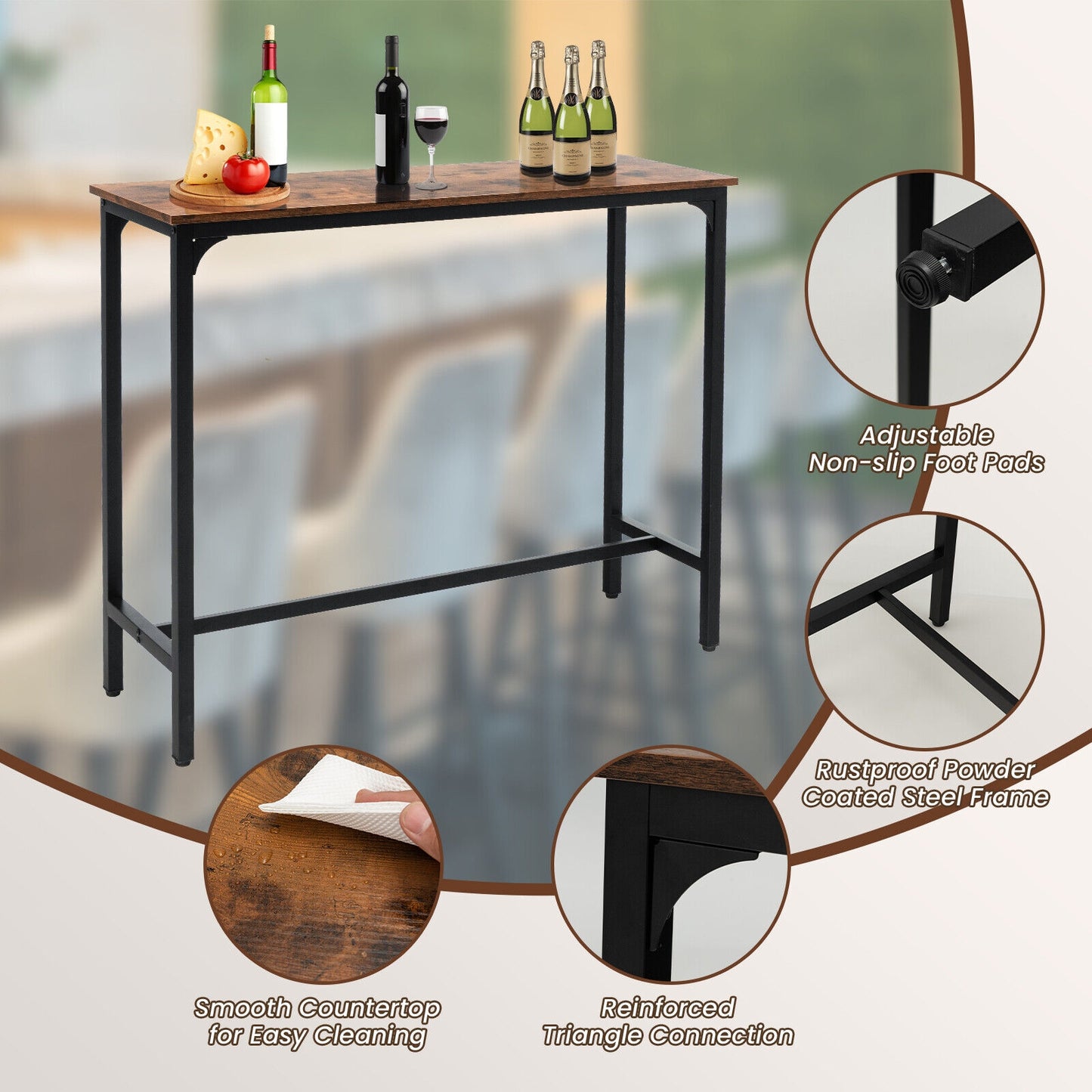 48 Inch Industrial Pub Dining Table, Steel Frame, Rustic Brown Dining Tables at Gallery Canada