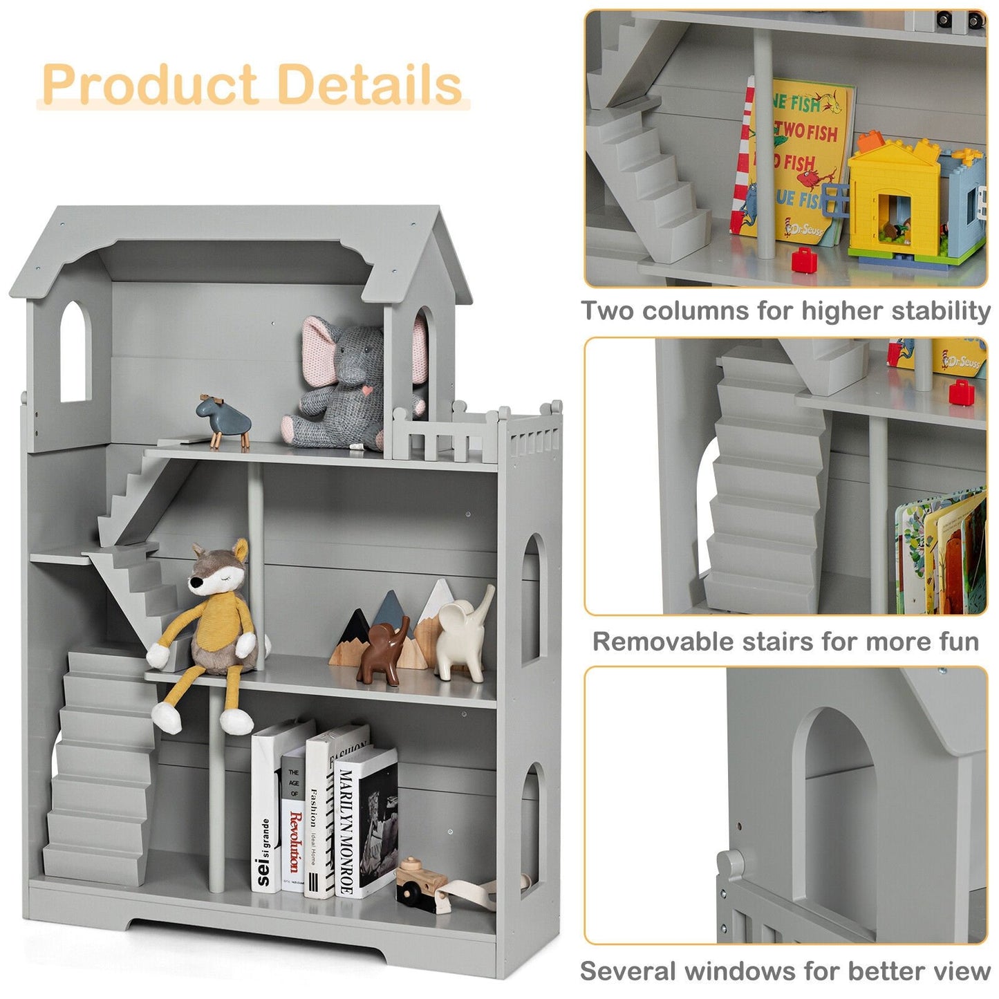Kids Wooden Dollhouse Bookshelf with Anti-Tip Design and Storage Space, Gray