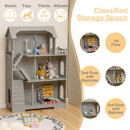 Kids Wooden Dollhouse Bookshelf with Anti-Tip Design and Storage Space, Gray