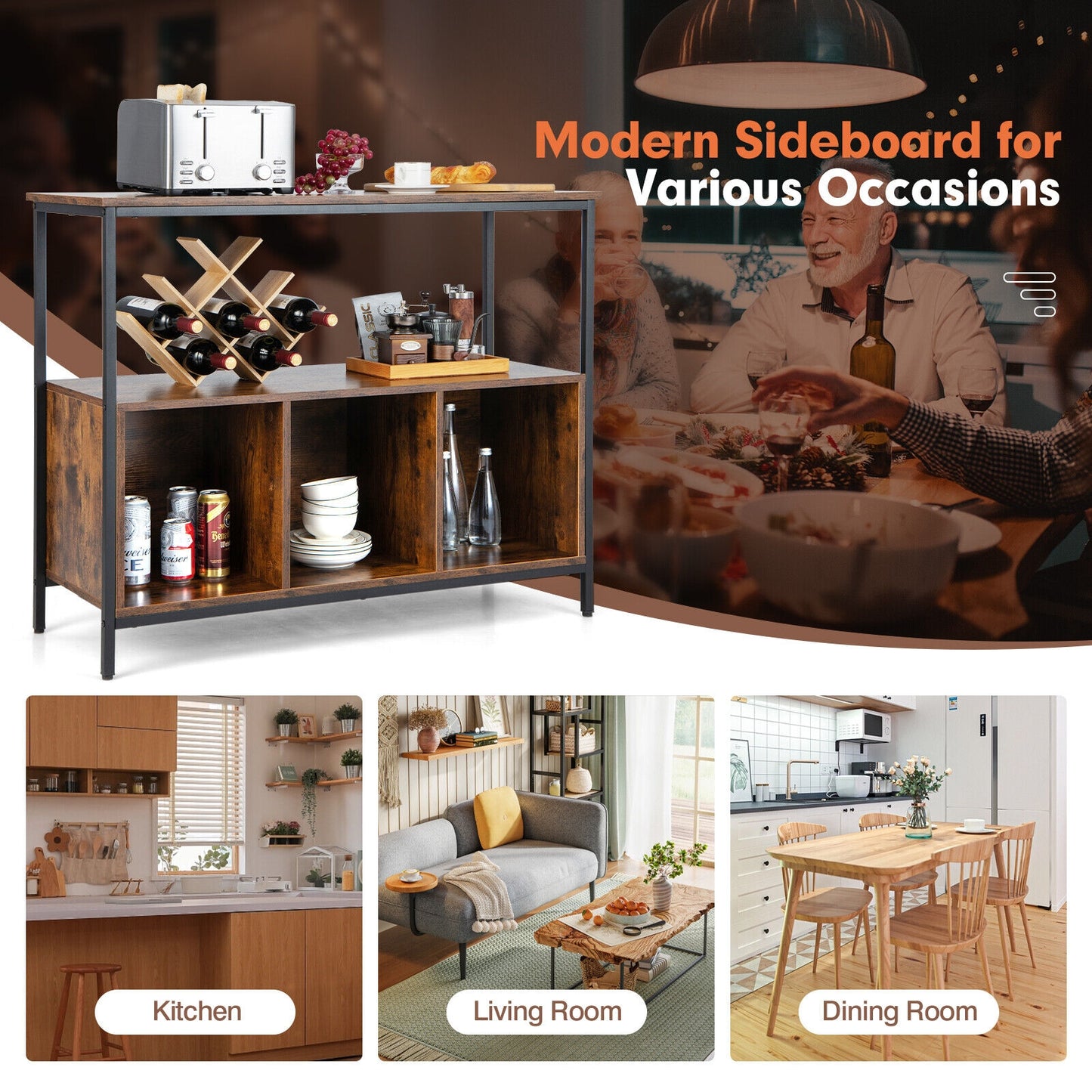 Modern Kitchen Buffet Sideboard with 3 Compartments, Rustic Brown Sideboards Cabinets & Buffets at Gallery Canada