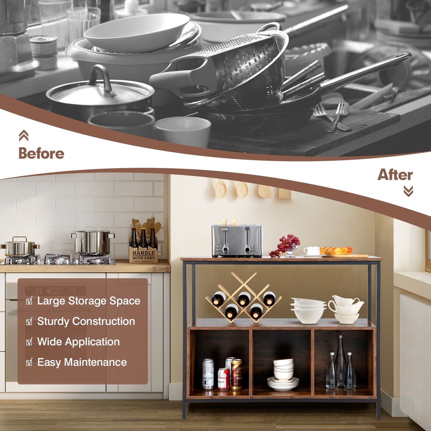 Modern Kitchen Buffet Sideboard, 3 Compartments, Rustic Brown Sideboards Cabinets & Buffets at Gallery Canada