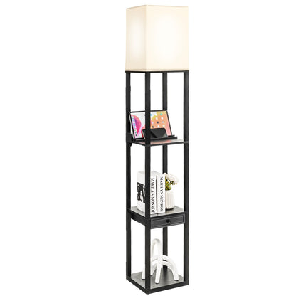63 Inch Modern Shelf Floor Lamp with Power Outlet and USB Port, Black
