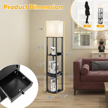 63 Inch Modern Shelf Floor Lamp with Power Outlet and USB Port, Black