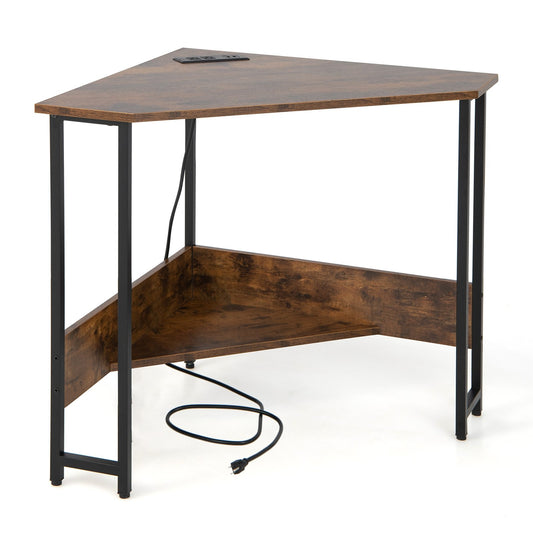 Triangle Computer Corner Desk with Charging Station, Rustic Brown