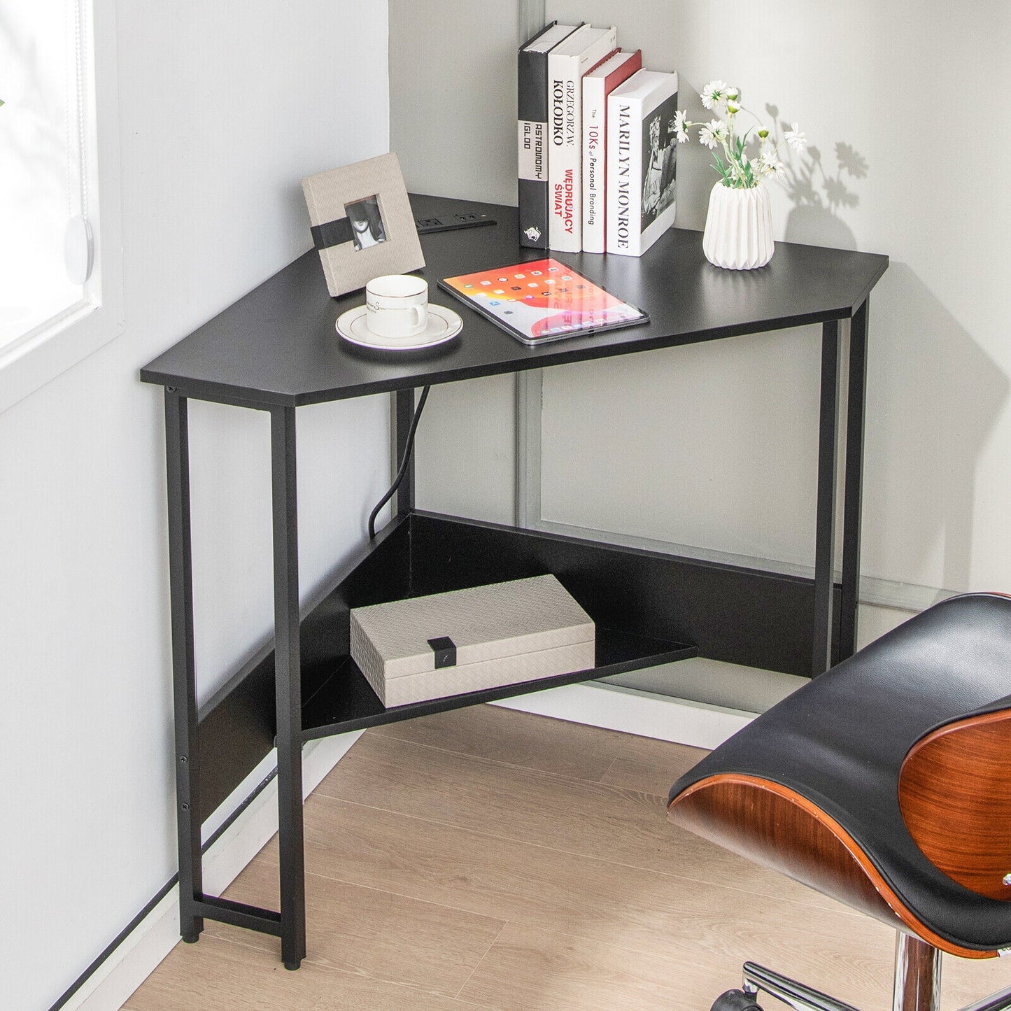 Triangle Computer Corner Desk With Charging Station, Black Corner Desks at Gallery Canada