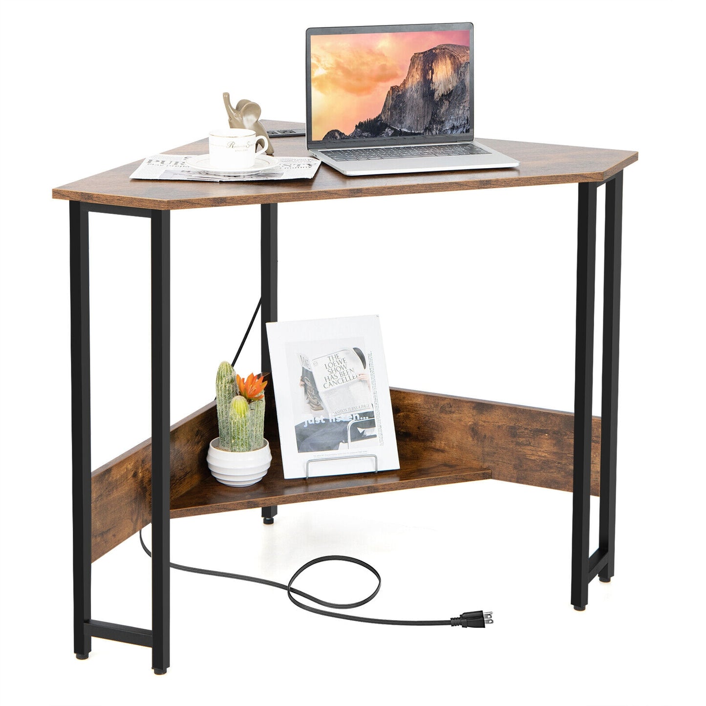 Triangle Computer Corner Desk with Charging Station, Rustic Brown Corner Desks at Gallery Canada