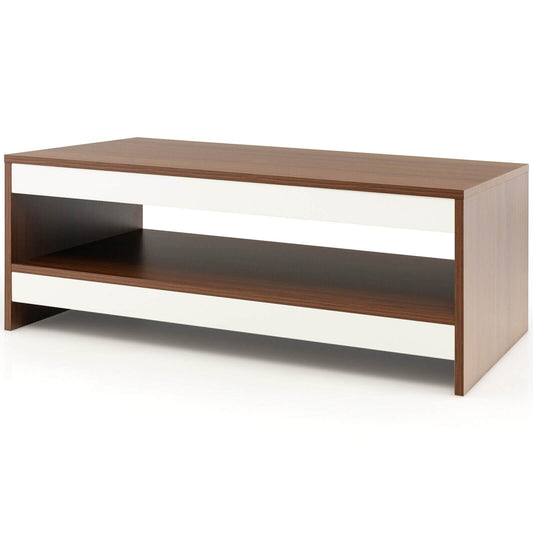37 Inch 2-Tier Rectangle Wooden Coffee Table with Storage Shelf-Wulnat, Walnut
