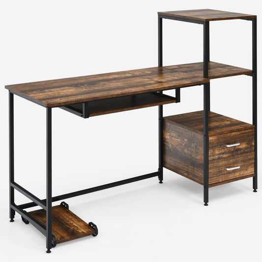55.5 Inch Computer Desk with Movable Stand and Bookshelves, Rustic Brown