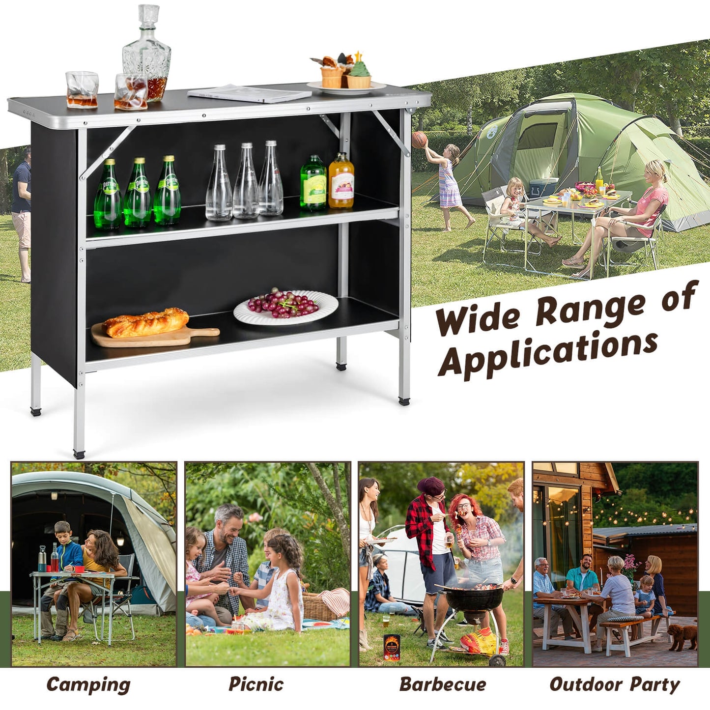 Folding Camping Table, 2-Tier Open Shelves, Outdoor BBQ, Black Camping Furniture at Gallery Canada
