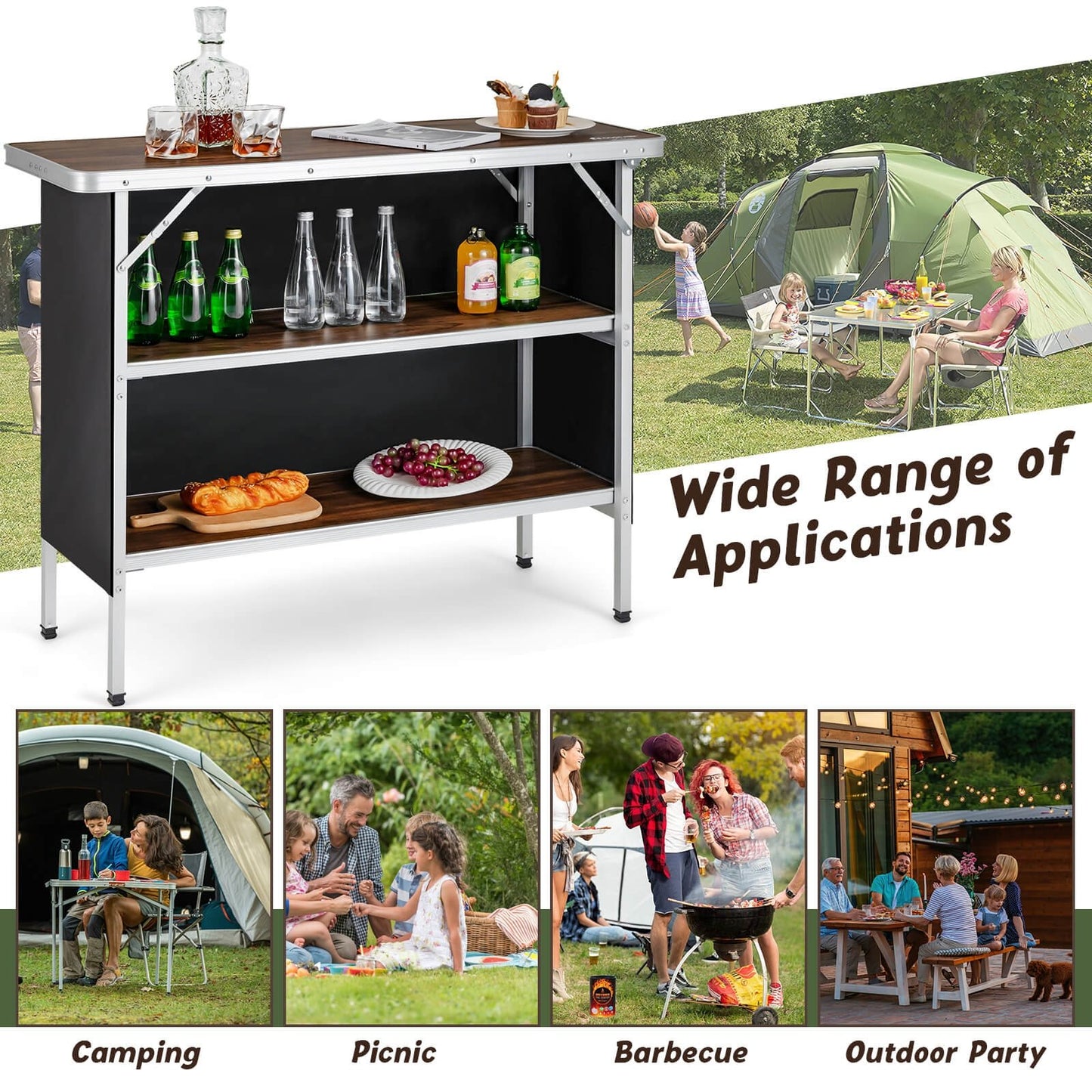 Folding Camping Table with 2-Tier Open Shelves for Outdoor BBQ, Coffee