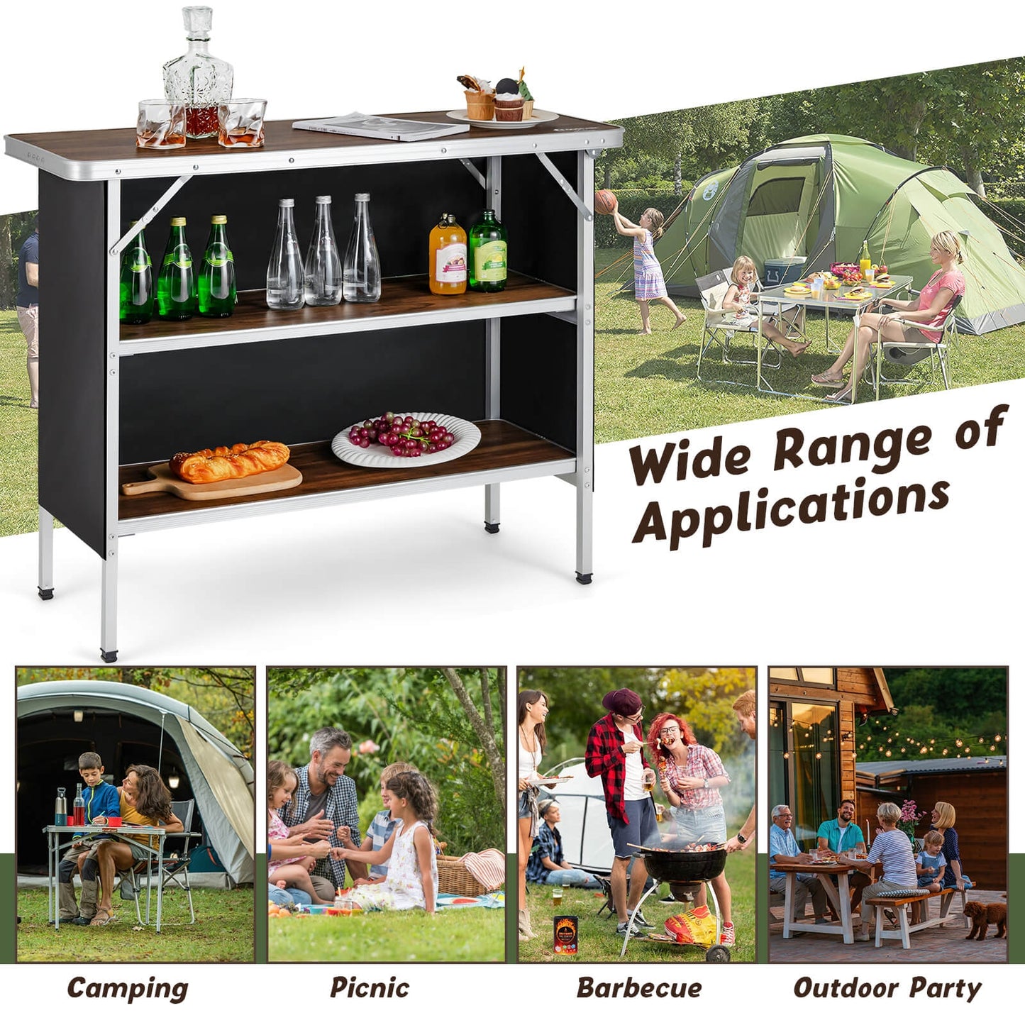 Folding Camping Table with 2-Tier Open Shelves for Outdoor BBQ, Coffee Camping Furniture at Gallery Canada