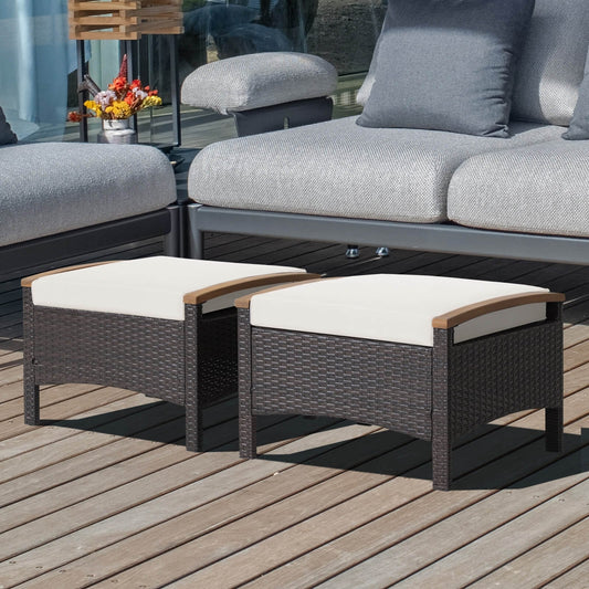 Set Of 2 Fade-Resistant Wicker Patio Ottoman, White Outdoor Seating & Patio Chairs White at Gallery Canada