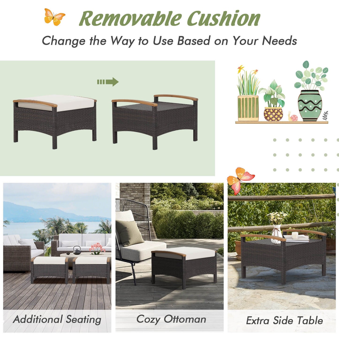 Set Of 2 Fade-Resistant Wicker Patio Ottoman, White Outdoor Seating & Patio Chairs at Gallery Canada