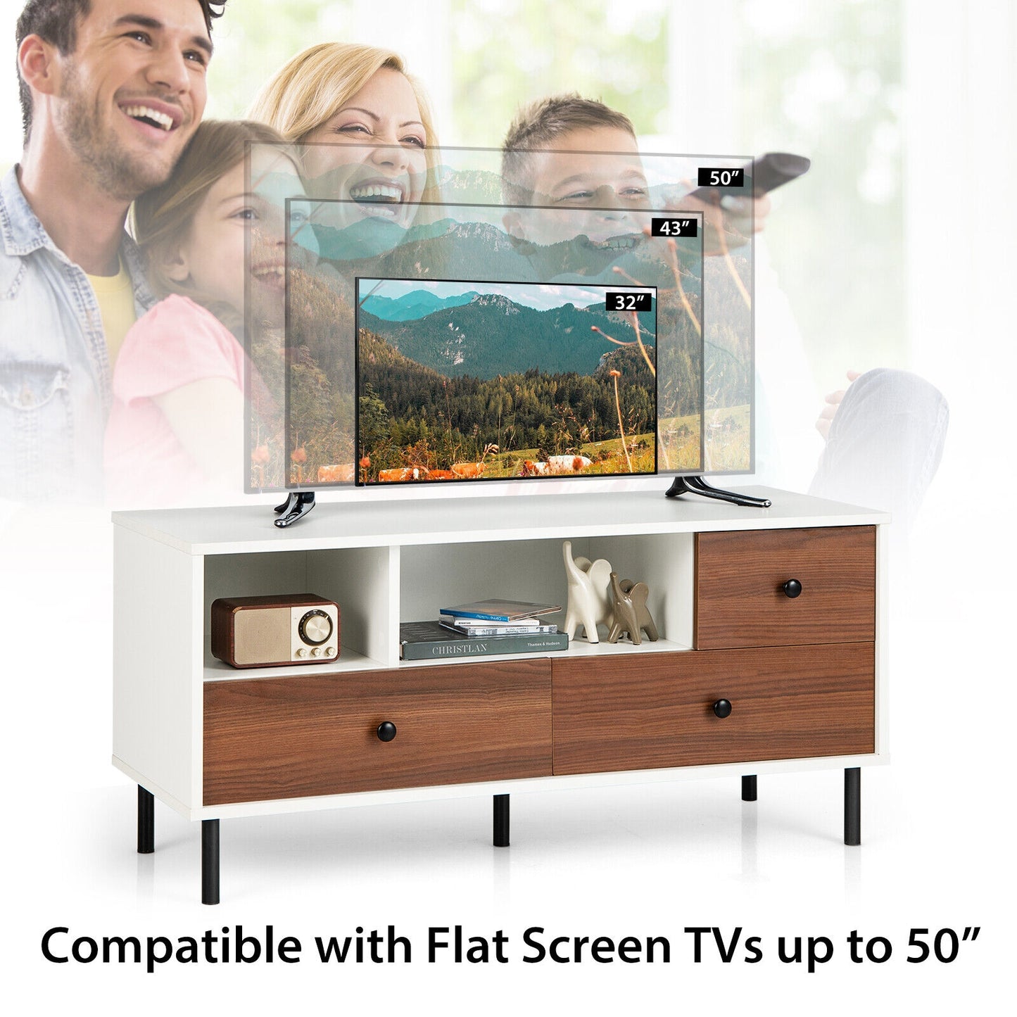 Mid-Century TV Stand For 50-Inch TVs, 2 Cubbies, 3 Drawers, White, Brown Entertainment Centers & TV Stands at Gallery Canada
