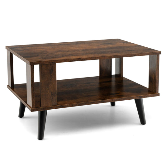 Compact Retro Coffee Table With Storage Shelf, Rustic Brown