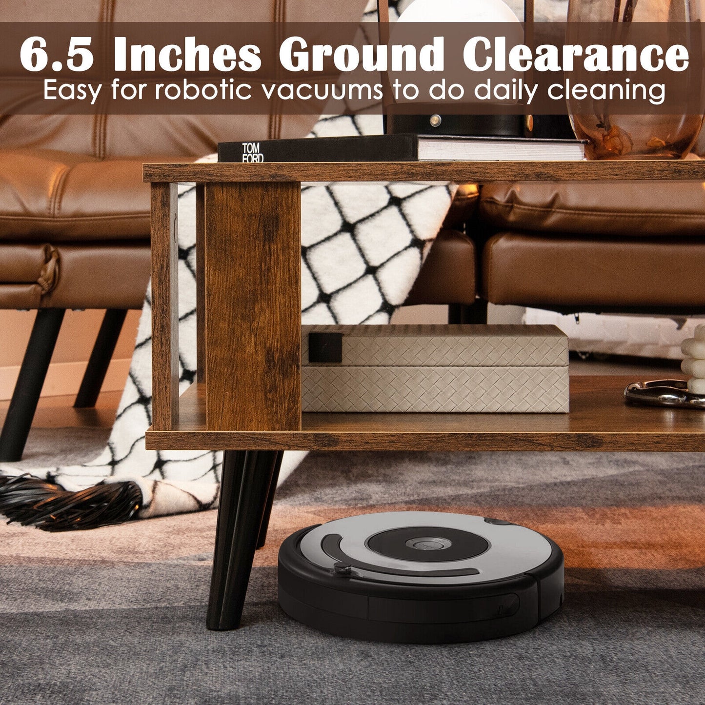 Compact Retro Mid-Century Coffee Table with Storage Open Shelf, Rustic Brown Coffee Tables at Gallery Canada