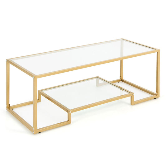 Modern 2-Tier Rectangular Coffee Table with Glass Table Top, Golden