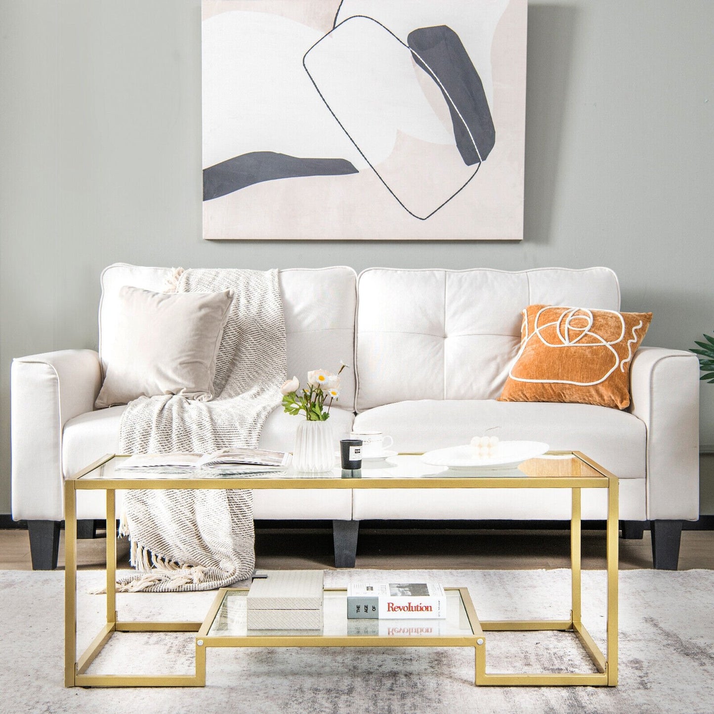 Modern 2-Tier Rectangular Coffee Table with Glass Table Top, Golden at Gallery Canada