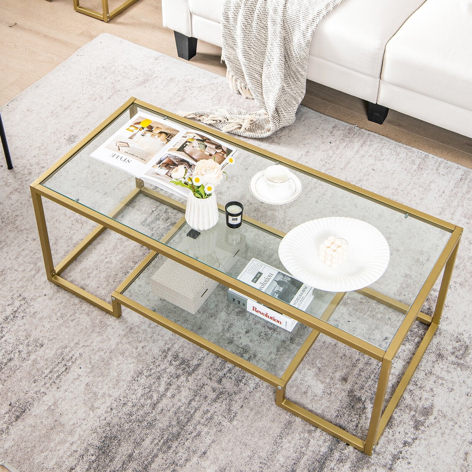 Modern 2-Tier Rectangular Coffee Table with Glass Table Top, Golden at Gallery Canada