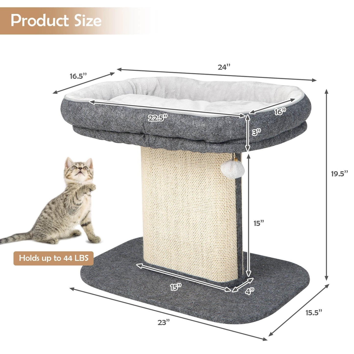 Modern Cat Tree Tower with Large Plush Perch and Sisal Scratching Plate, Gray