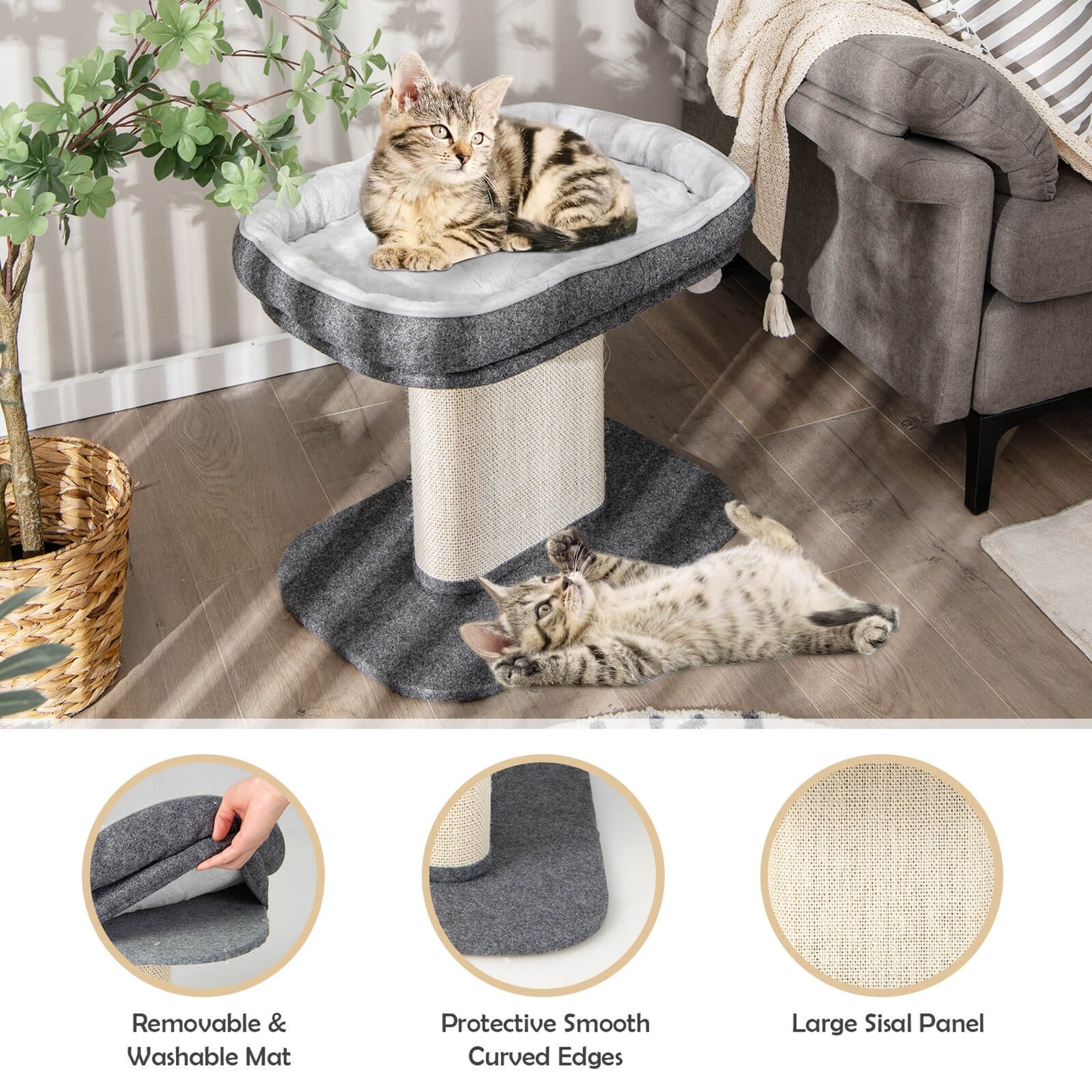 Modern Cat Tree Tower, Large Plush Perch, Sisal Scratching Plate, Gray Cat Trees Condos & Scratchers at Gallery Canada