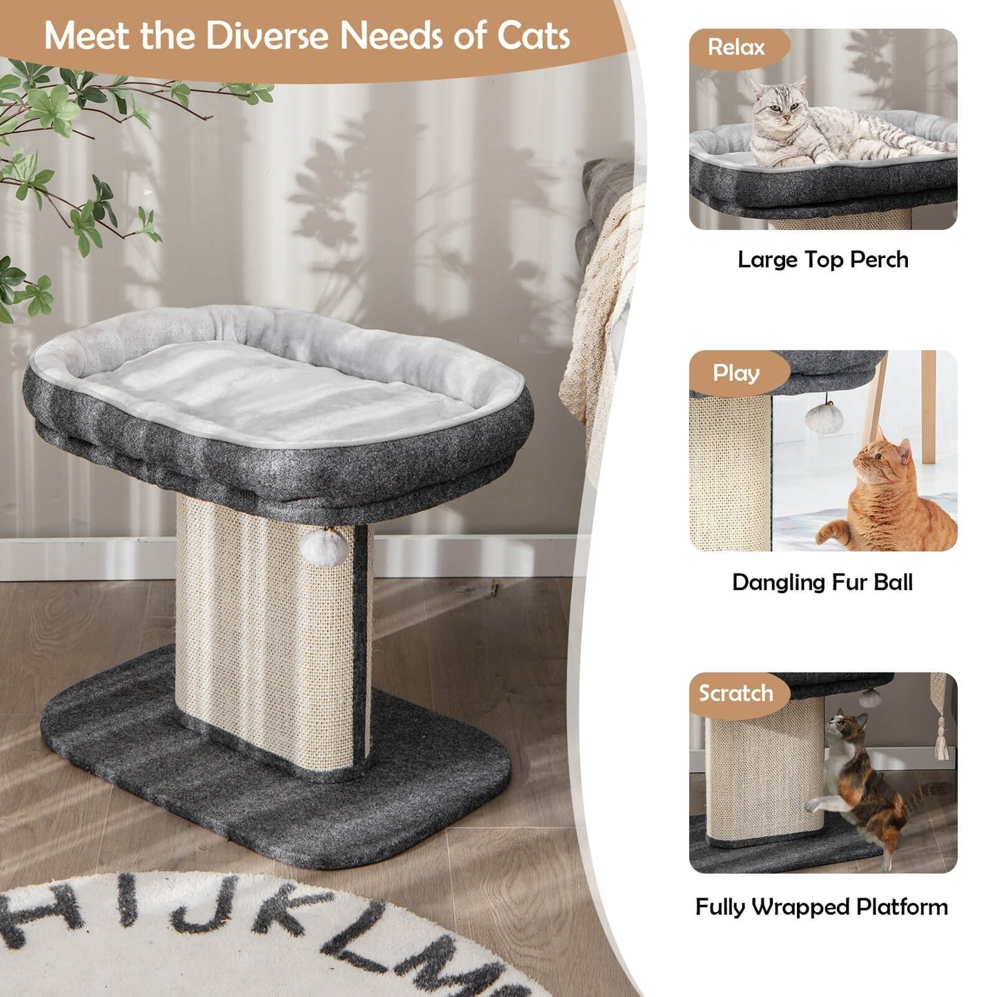 Modern Cat Tree Tower with Large Plush Perch and Sisal Scratching Plate, Gray