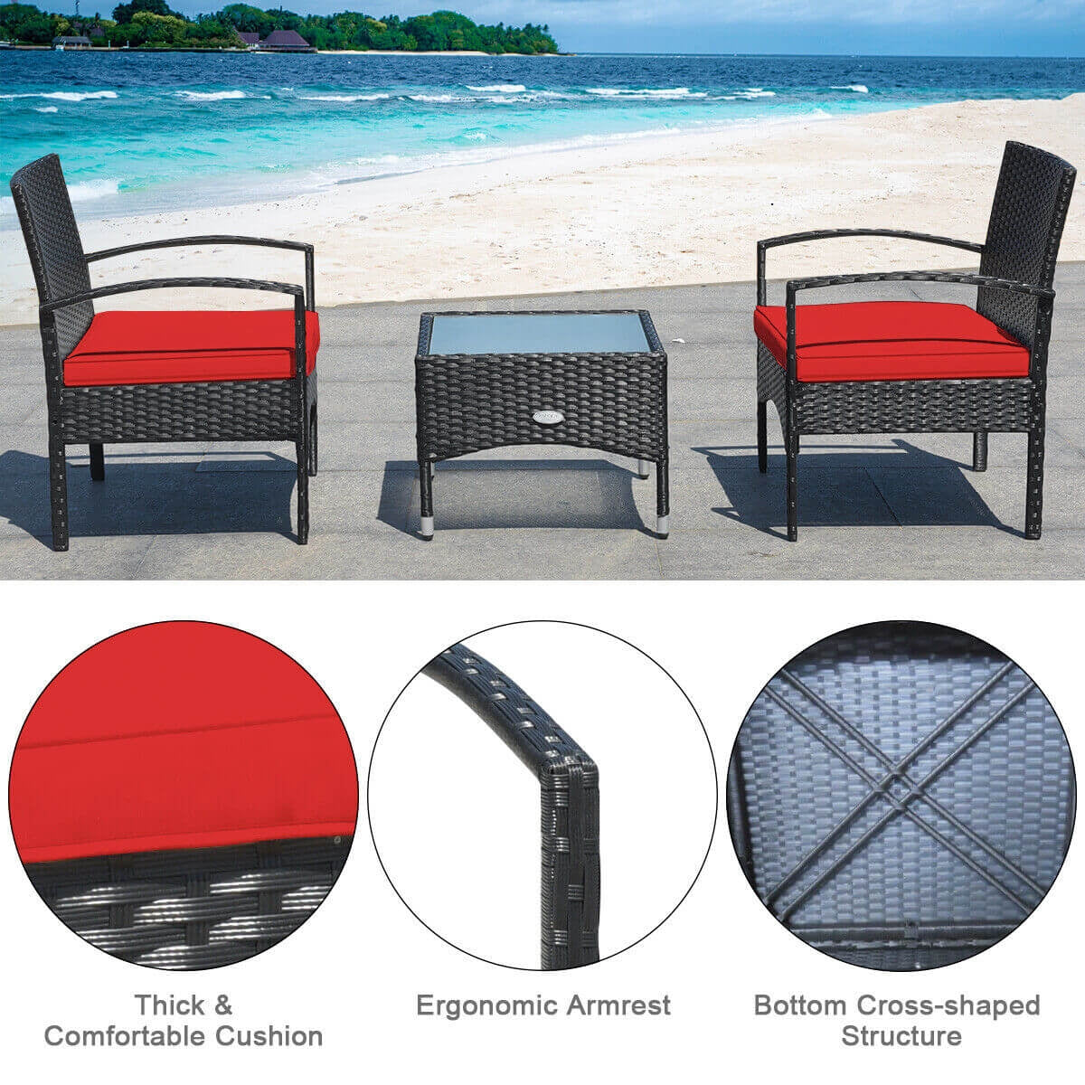 3 Pieces Patio Wicker Rattan Furniture Set with Cushion for Lawn Backyard, Red Patio Conversation Sets at Gallery Canada