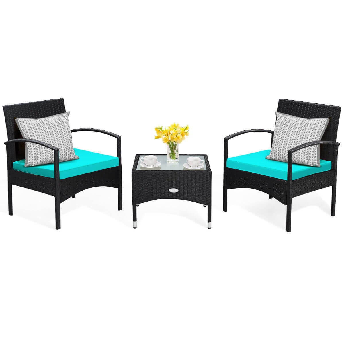3 Pieces Patio Wicker Rattan Furniture Set with Cushion for Lawn Backyard, Turquoise Patio Conversation Sets at Gallery Canada