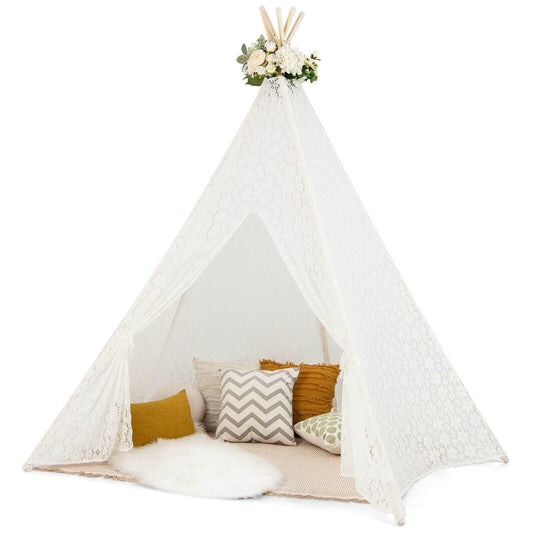 Lace Teepee Tent with Colorful Light Strings for Children, White