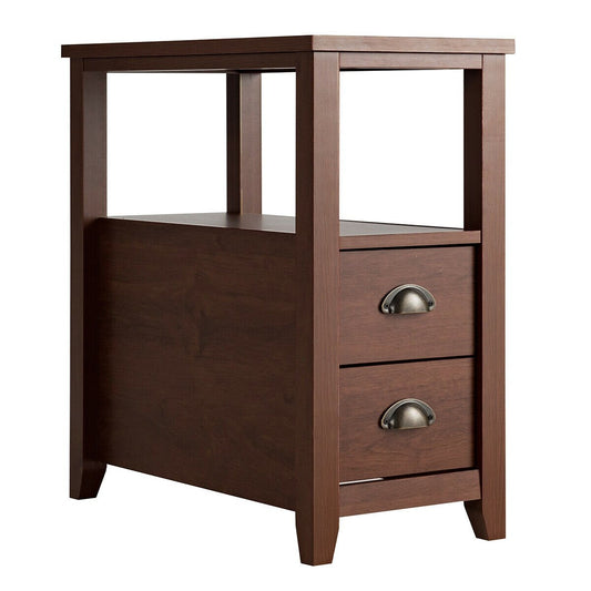 End Table Wooden with 2 Drawers and Shelf Bedside Table, Brown