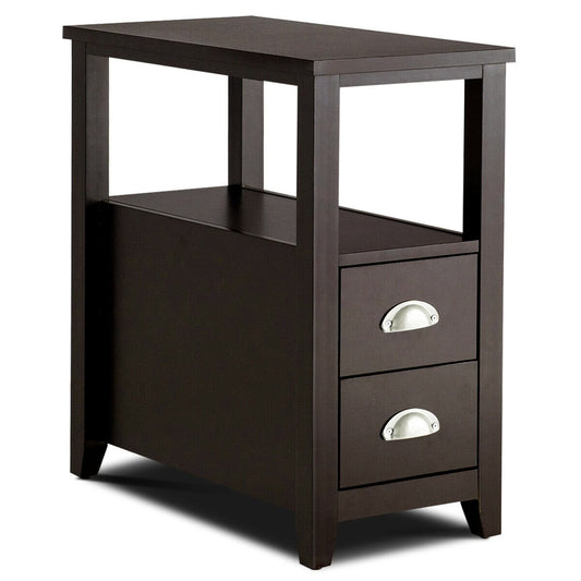 End Table Wooden with 2 Drawers and Shelf Bedside Table, Dark Brown