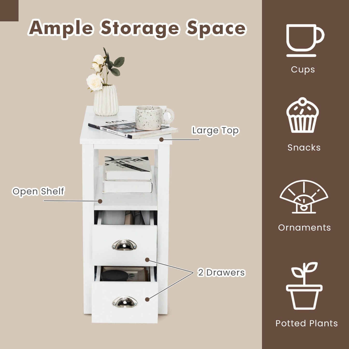 Wooden End Table With 2 Drawers, Shelf, White Nightstands at Gallery Canada