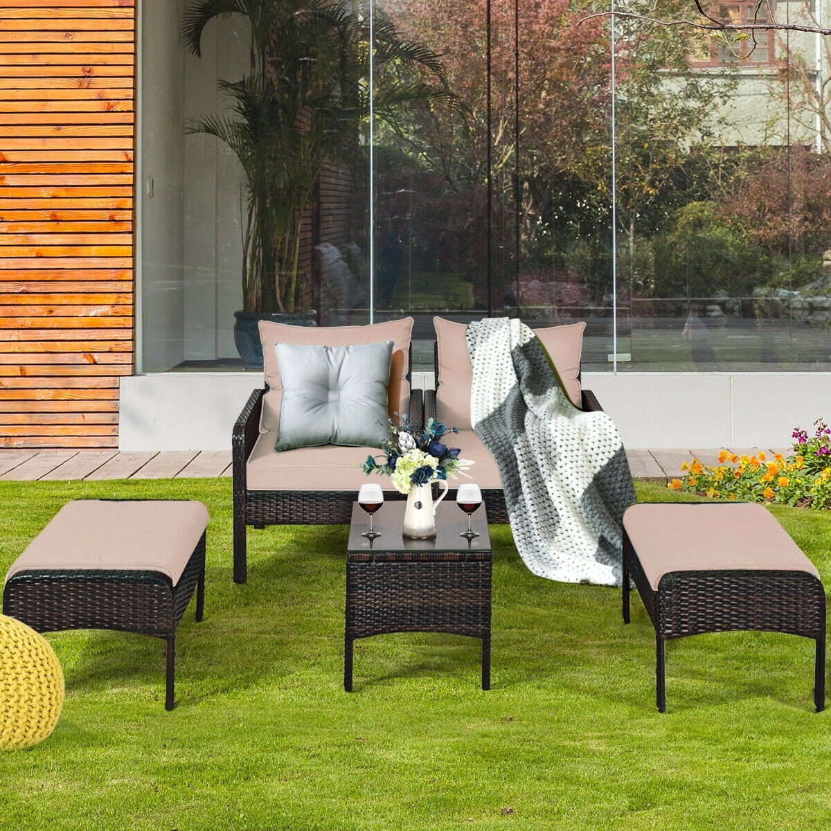 5 Pcs Patio Rattan Wicker Sofa Set, Beige Patio Furniture Sets at Gallery Canada