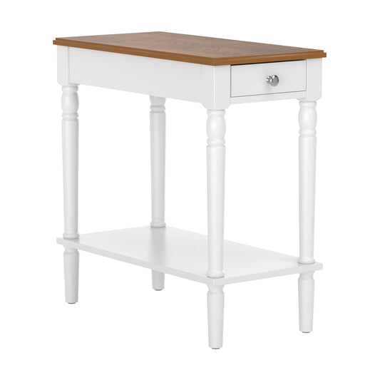 Narrow Side Table with Drawer and Open Storage Shelf, White